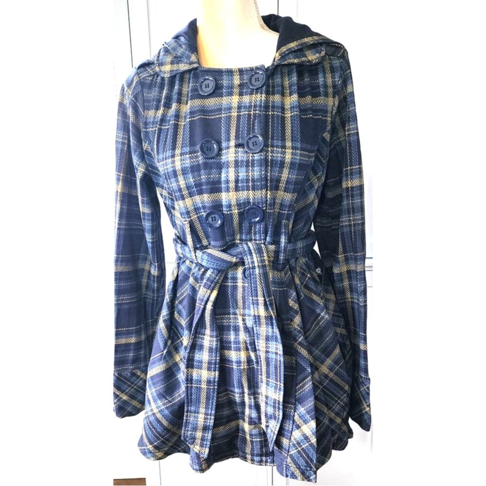 L.A. Kitty Women's Blue Gold Plaid Large Buttons Hooded Belted Jacket Large